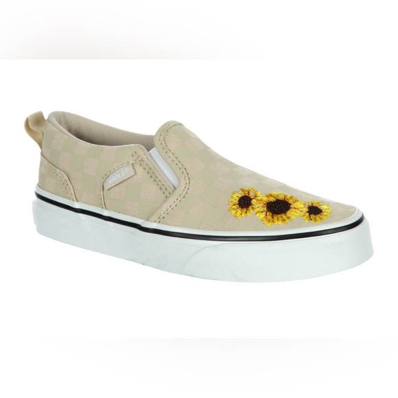 Vans Beige Checkered Slip-Ons with Sunflower Design - Picture 1 of 6